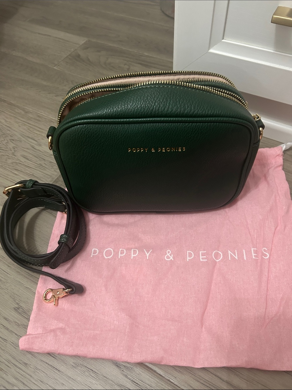 Poppy & Peonies Forest Green Leather Crossbody with Gold Hardware